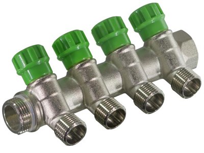 Коллектор с вентилями 135°  никелированный под «ЕВРОКОНУС». 3/4*3/4 (4 выхода) 11438