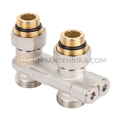 Узел прямой перекрёстный НВ радиаторный со встроенными запорными вентилями и ниппелями 1/2"×3/4" ЕК, RBX602.03 10332