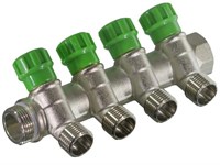 Коллектор с вентилями 135°  никелированный под «ЕВРОКОНУС». 3/4*3/4 (3 выхода) 11437