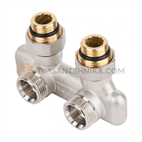 Узел угловой перекрёстный НВ радиаторный со встроенными запорными вентилями и ниппелями 1/2